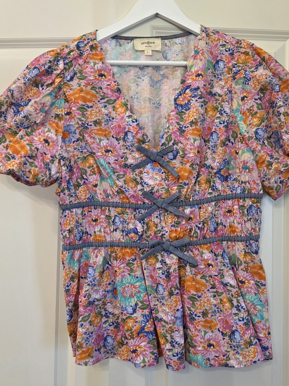 Umgee Pink Floral Tie-Front Peplum Blouse